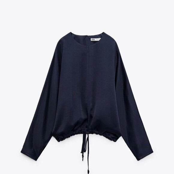 NWT Zara Navy Blue Satin Drawstring Blouse - Picture 1 of 2